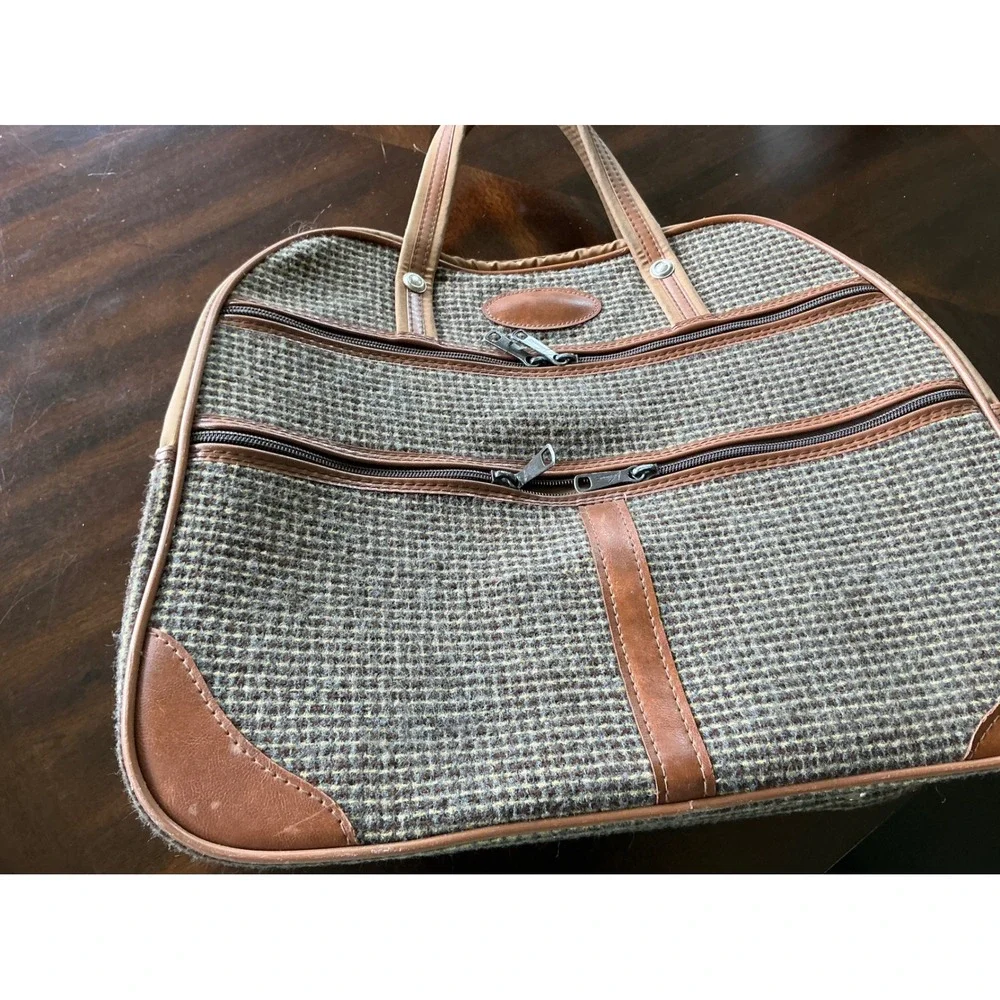 Vintage Travel Bag Tweed Carry On Luggage Brown Tan Weekend Duffel Bag